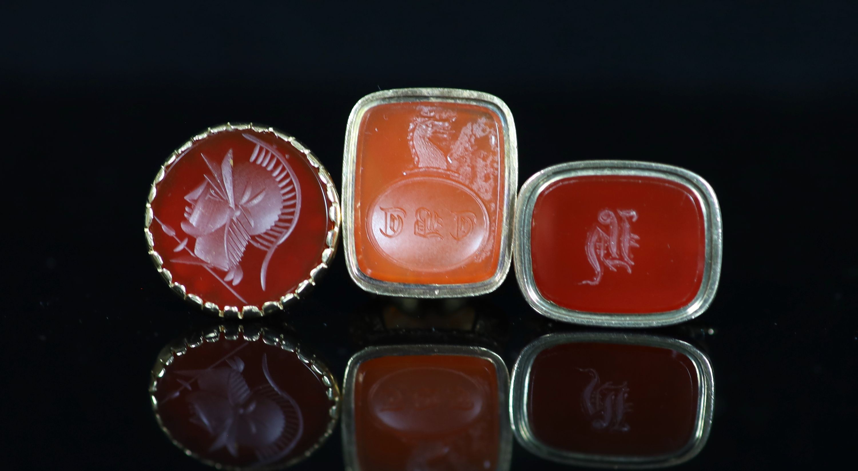 Three assorted gold overlaid and carnelian set fob seals